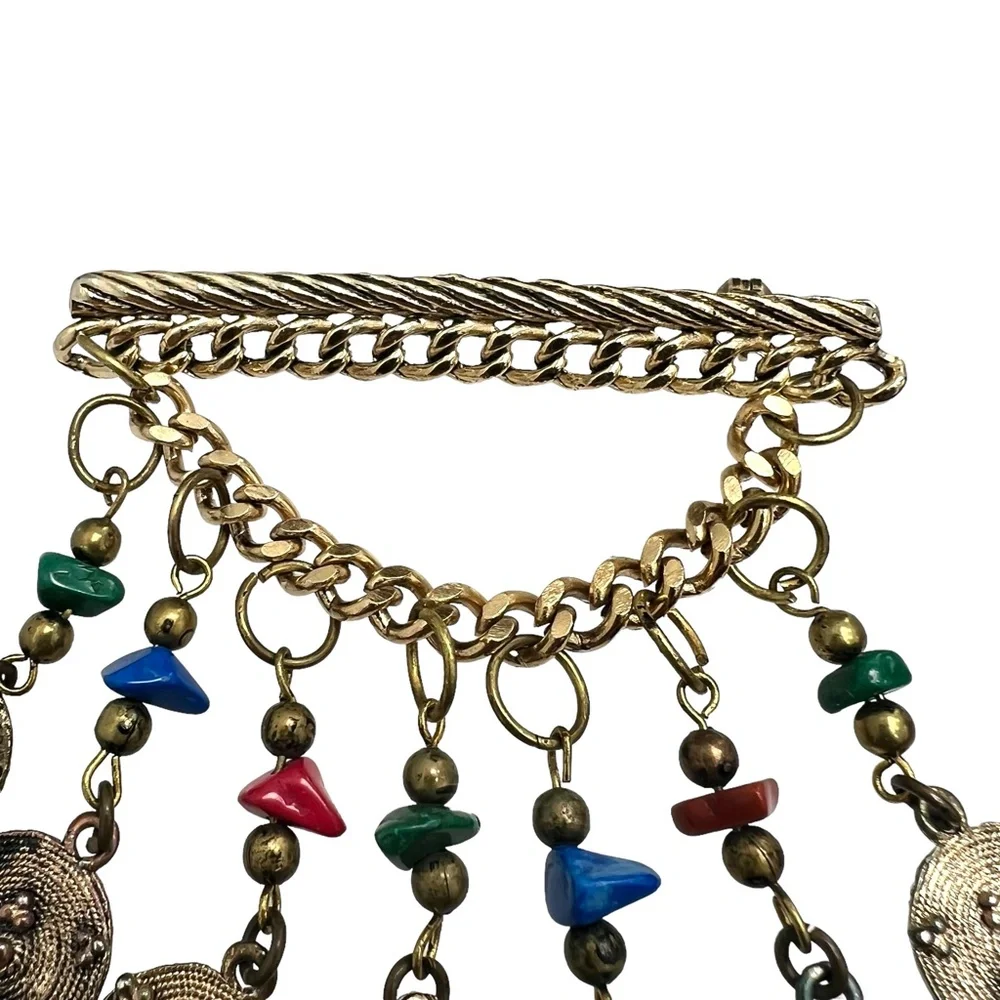 VINTAGE CHAIN BAR W CHAIN SWAG & COIN DANGLES W STONES - ETRUSCAN STYLE BROOCH